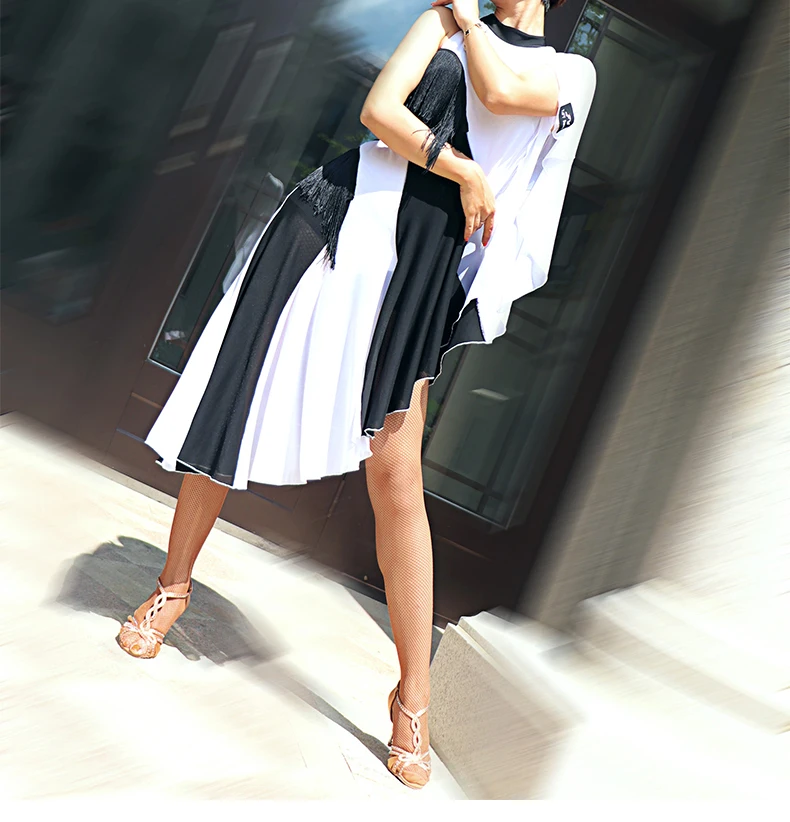 Осеннее платье для латинских танцев женское черное и белое платье для соревнований с бахромой платье для сальсы VDB913