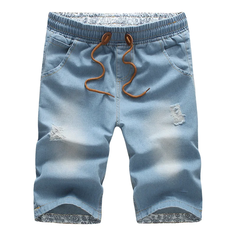 Sky blue Left Pop, летние, новые, тонкие, хлопковые, мужские, модные, с дырками, пляжные, джинсовые шорты, на завязках, мужские, простые, синие, повседневные, джинсовые шорты, большой размер - Color: Sky blue