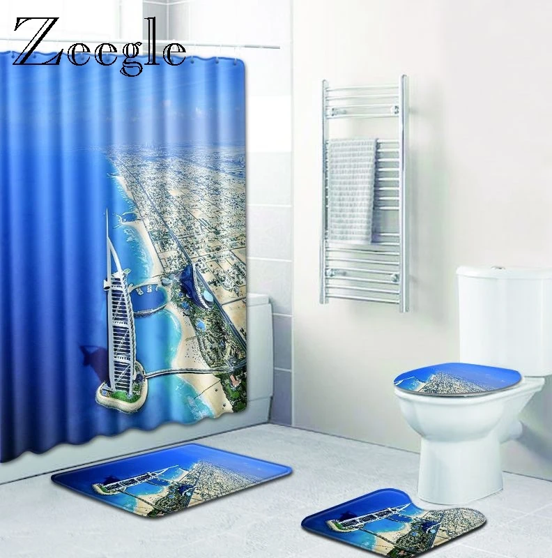 Zeegle Printed Bath Mat Set with Curtain Lid Toilet Cover Mat Bath Mat Pad Set Toilet Foot Rug Bathroom Curtain with 12 Hooks