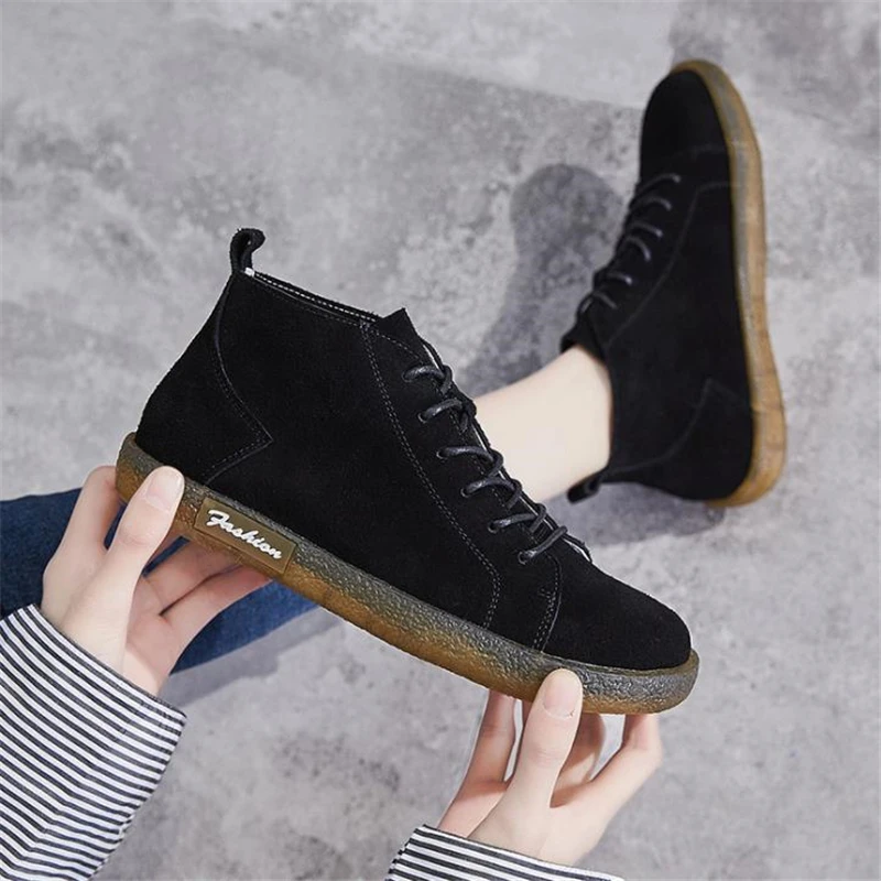 

Autumn Winter Women Cow Suede Ankle Boots Soft Tendon Sole Ladies Flat Boots Genuine Leather Women Sneakers Platform Short Boots