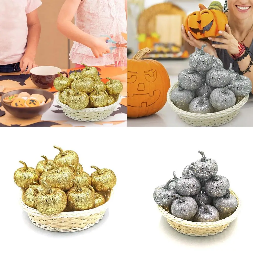

new Hot Sale 12Pcs Halloween Party Home Garden Ornaments Glitter Sequins Fake Pumpkins Decor For Photography