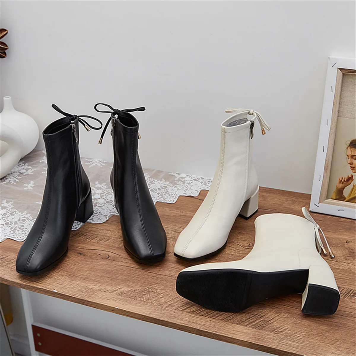 Women's genuine leather thick high heel autumn ankle boots square toe female fashion short booties bowtie zip boots shoes women