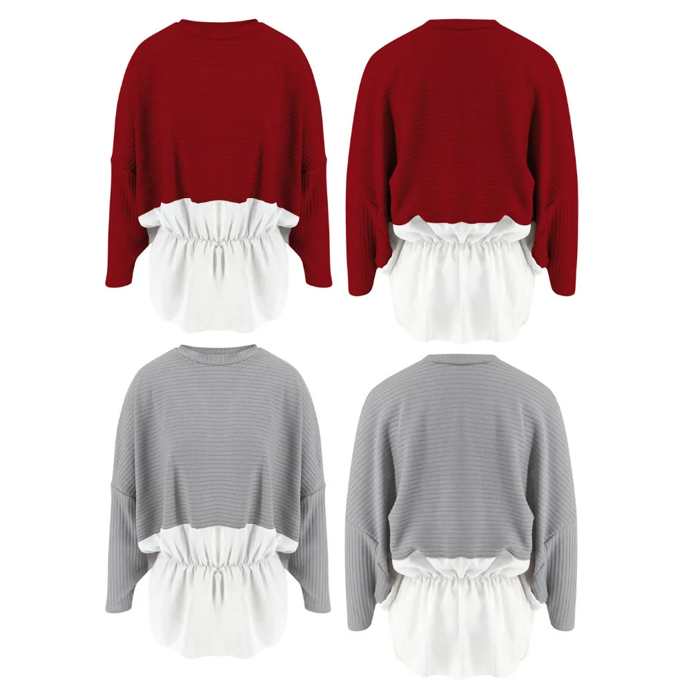 Мода женщин осень сплайсинга o-образным вырезом с длинным рукавом Лоскутная тонкая талия пуловер рубашка