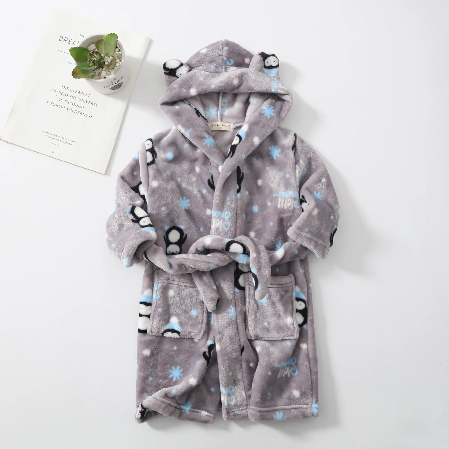 Dreamscene Kids Teddy Fleece Bear Ears Dressing Gown - Grey