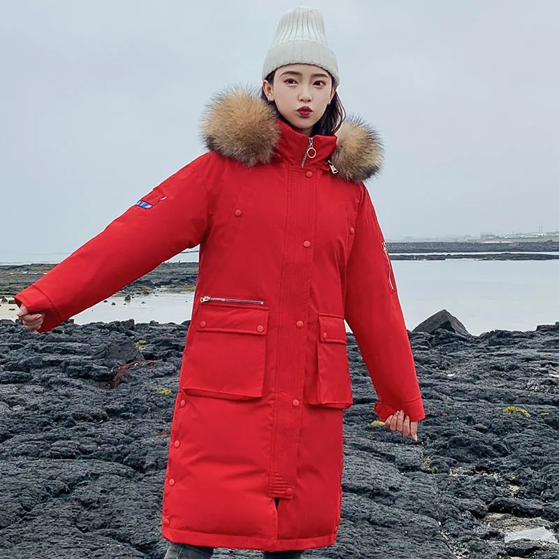 25 градусов зимние X-long parkas пальто женское утепленное плотное пальто с большим меховым воротником Повседневная женская зимняя куртка-парка на синтепоне - Цвет: Красный