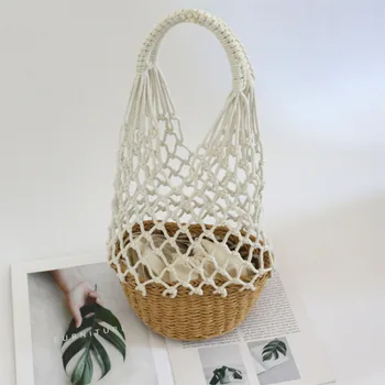 

Hollow Cotton Rope Woven Net Bags For Women Straw Woven Mesh Women's Handbags 2020 Summer Beach Straw Bag Solid Ladies Hand Bags