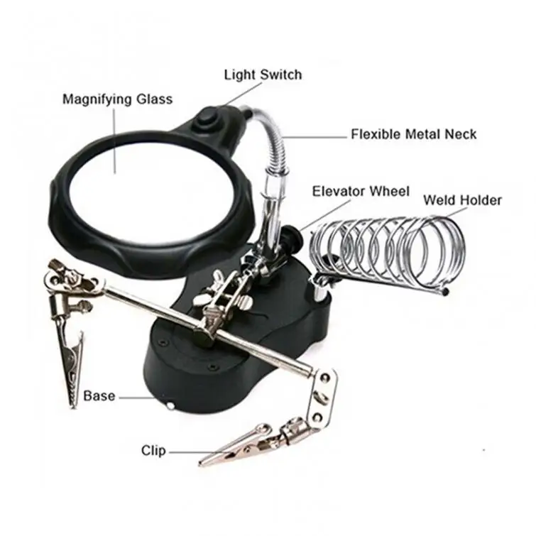 Adjustable 3.5X 12X Helping Hand Clip LED Light Magnifying Glass Lens Desk Desktop Table Magnifier Lamp Loupe Solder Iron Stand