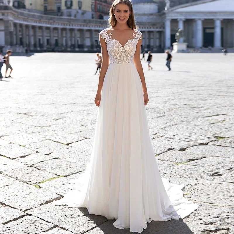 Boho Wedding Dresses Long Chiffon with Lace Appliques Scoop Cap Sleeves Bohemian Beach Bridal Gown Simple Robe de Mariage Ivory | Свадьбы и