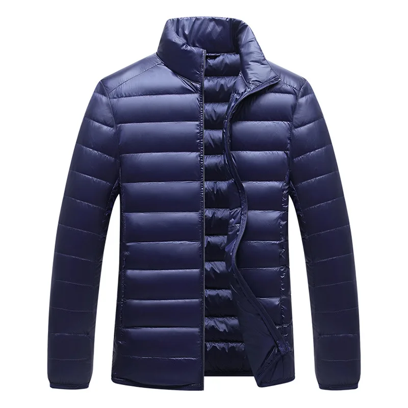 Мужской пуховик, зимнее повседневное пальто, ультра тонкие стеганые куртки в Корейском стиле, теплая парка, однотонная верхняя одежда для мужчин, пуховик со стоячим воротником - Цвет: Dark Blue