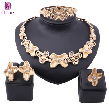 

Exquisite Dubai Gold Color Necklace Earrings Bangle Ring Set for Women's Wedding Crystal Accessories Jewelry Set