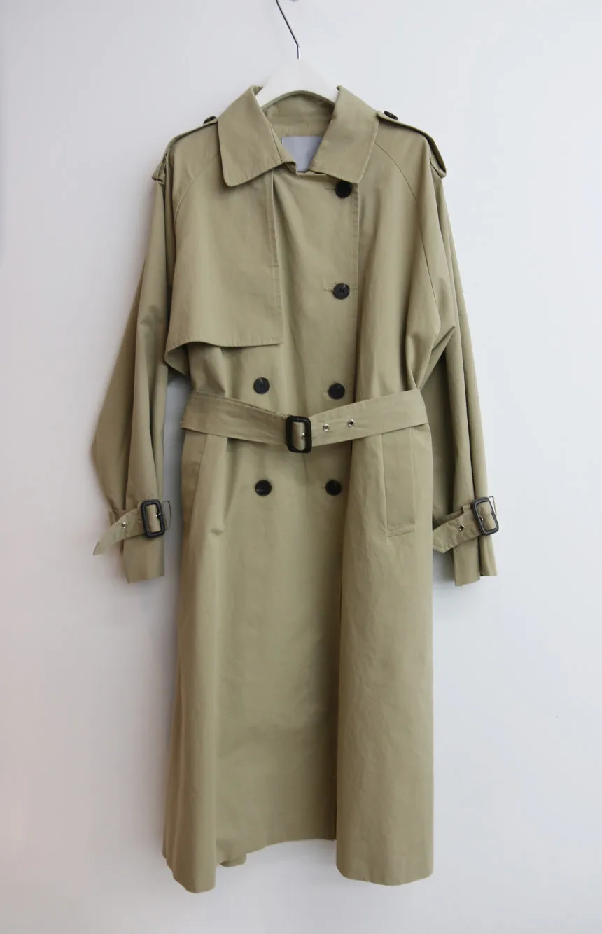 [EWQ] Turn-down Collar Long Sleeve Khaki Windbreaker Double-breasted Tie Long Trench Coat Outwear Autumn Winter New QK782