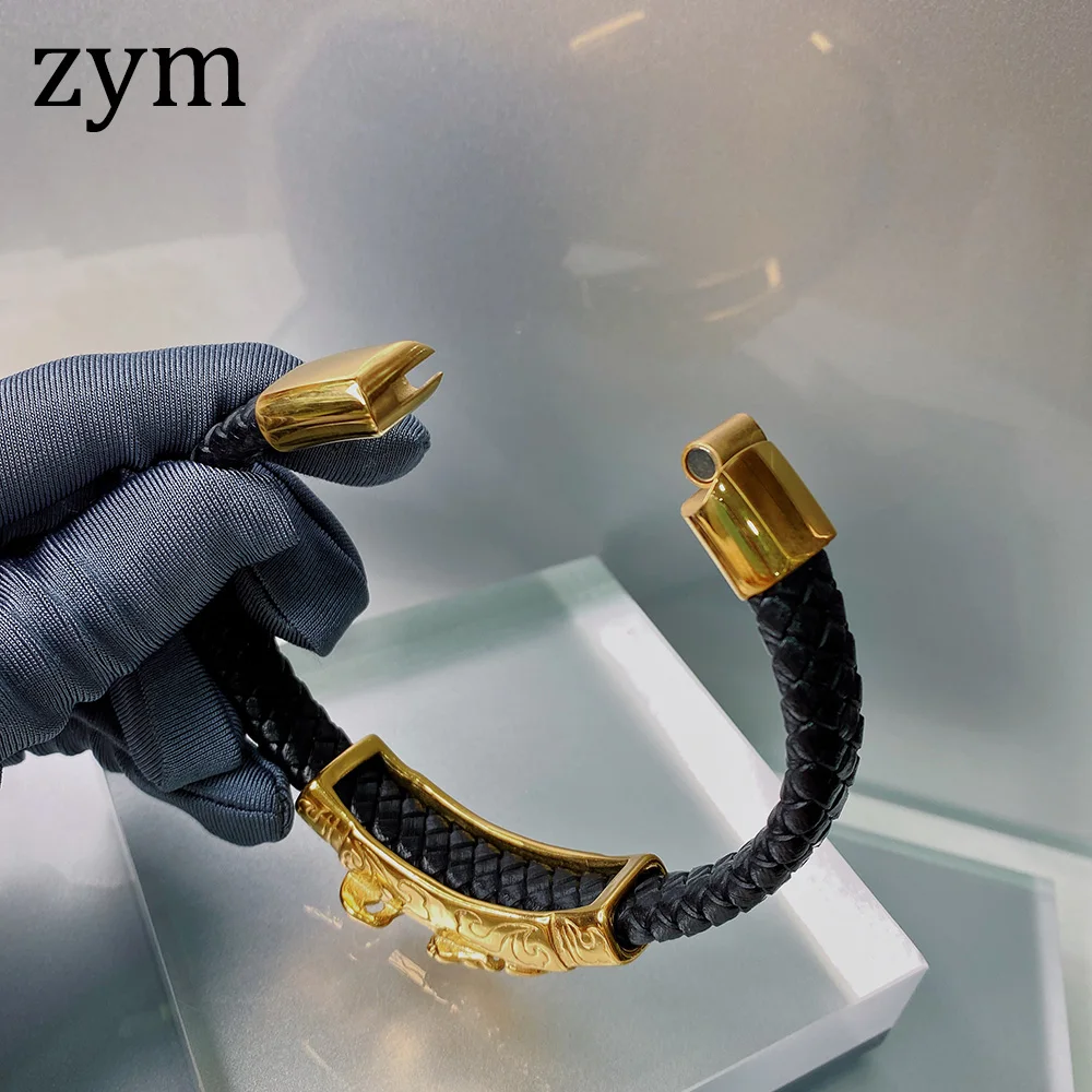 ZymHot брендовый браслет с драконом из нержавеющей стали, высококачественный кожаный браслет в стиле панк, Модный Ретро мужской кожаный веревочный браслет