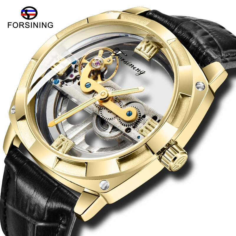 

Royal Golden FORSINING Men Mechanical Transparent Watch Black Leather Band Top Brand Luxury Male Business Sport Wristwatch