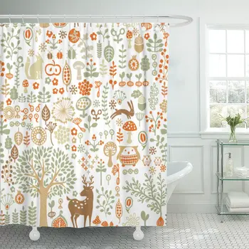 

Pattern Autumn Forest Fruit Animal Owl Tree Leaf Bathroom Curtains Waterproof Polyester Fabric 60 x 72 inches Set with Hooks