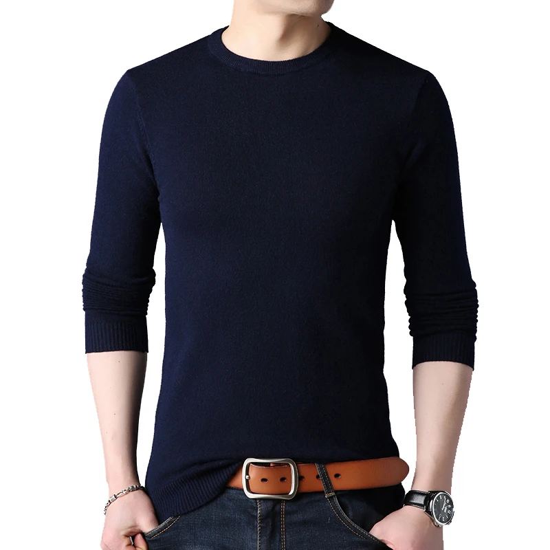 Navy Sweater BROWON, мужской зимний свитер, весенний мужской свитер с длинным рукавом и круглым вырезом, однотонный черный свитер, базовое пальто, большой M-4XL - Цвет: Navy Sweater