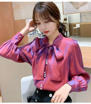 

Spring new Korean style thin shirt bow tie pearl buckle super fairy shirt