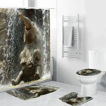 

4PCS/Set Elephant Shower Curtain Bath Curtain Waterproof Polyester Q39B