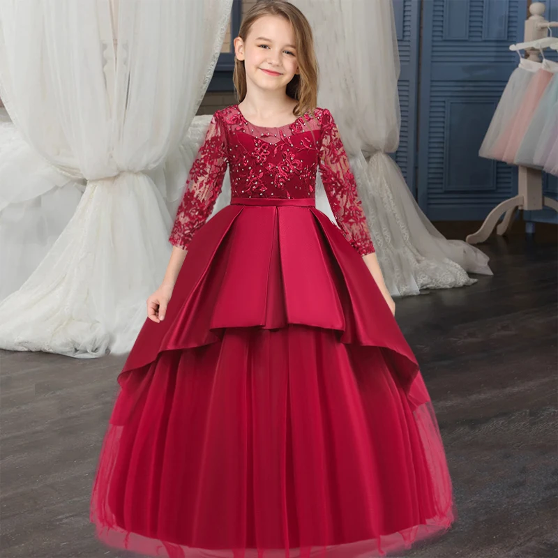 

Winter Long Sleeve Formal Dress Girl Teenager Bridesmaid Party Kids Dresses For Girls Children Pageant Wedding Princess Dress