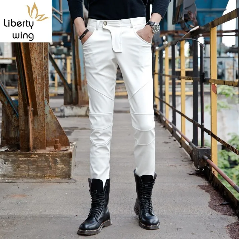 

Mens Slim Fit Pu Autumn Winter Thick Fleece Lining Long Trousers Korean Stretchy Motorcycle Biker Leather Pants