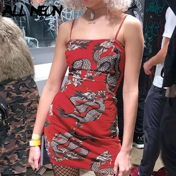 

ALLNeon Vintage Spaghetti Strap Rave Dresses Dragon Printing Sleeveless Bodycon Red Dresses Y2K Backless Sexy Party Dresses
