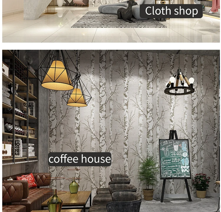 Gray White Birch Tree 3D PVC Wallpaper for Cloth Shop Modern Nordic Design Coffee House Resturant Wall Paper Roll Forest Woods