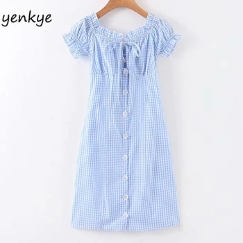 

Blue Plaid Sexy Off Shoulder Dress Women Front Button Short Sleeve A-line Mini Sweet Dress Summer SDP9261