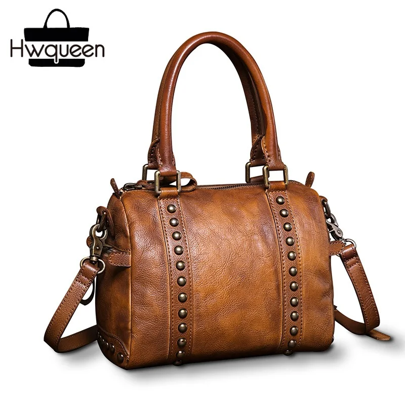 

Vintage Designer Genuine Leather Women Small Boston Purse Authentic Cow Skin Lady Studs Handbag Female Single Cross Shoulder Bag