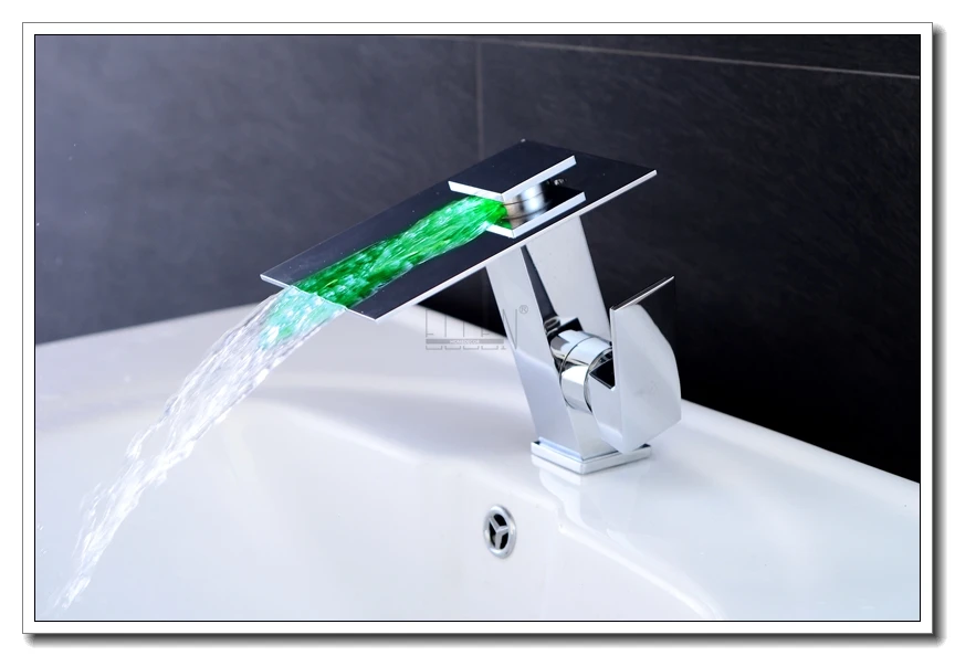 Светодиодный смеситель для ванной комнаты с водопадом, смеситель для раковины, 3 цвета, контроль температуры, никелевая кисть, хромированный кран EL340N