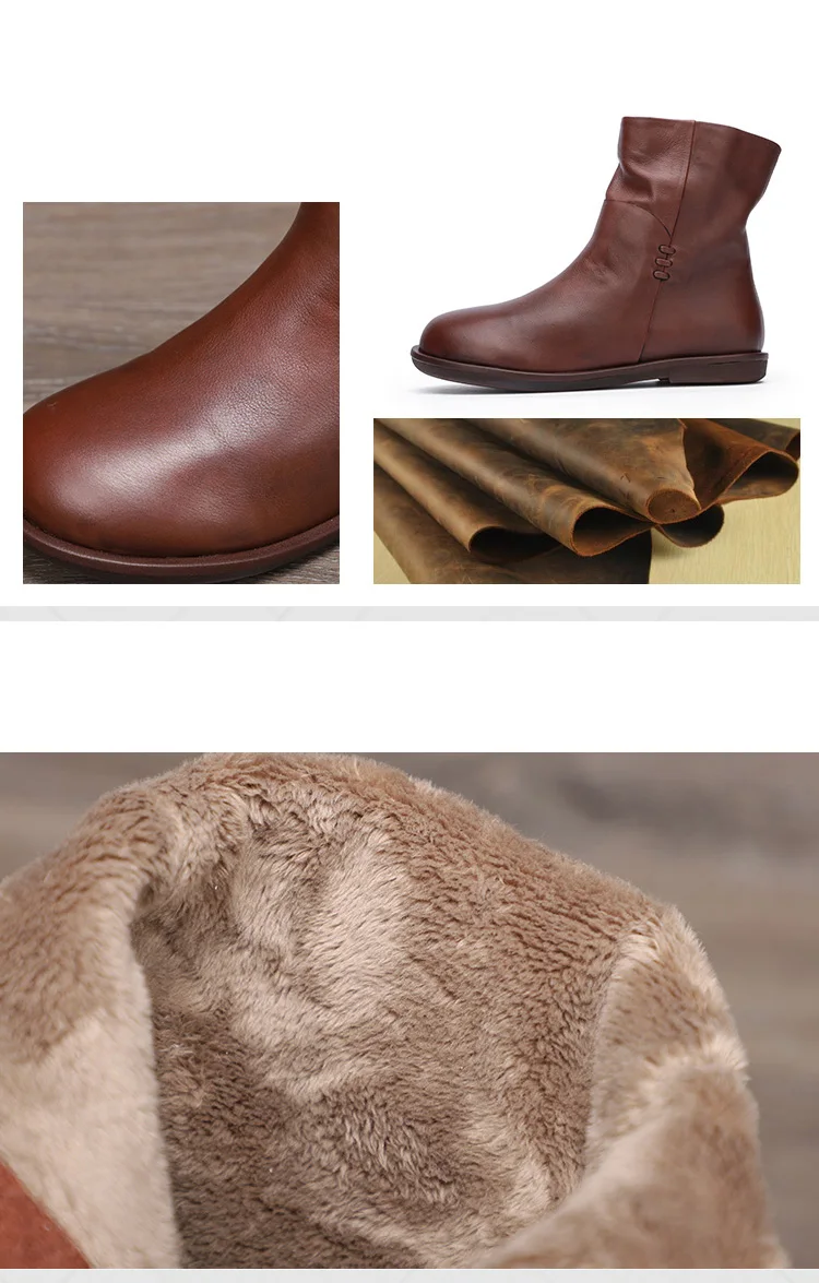 Flat Boots Women Shoes Ankle Boots Genuine Leather Shoes Snow Boots Round Toes Handmade Vintage Short Plush Female Warm Boots