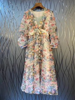 

2020 Early Autumn New Women's V-neck Flowers Print Color Fastener Decoration Long-Sleeved Dress 810