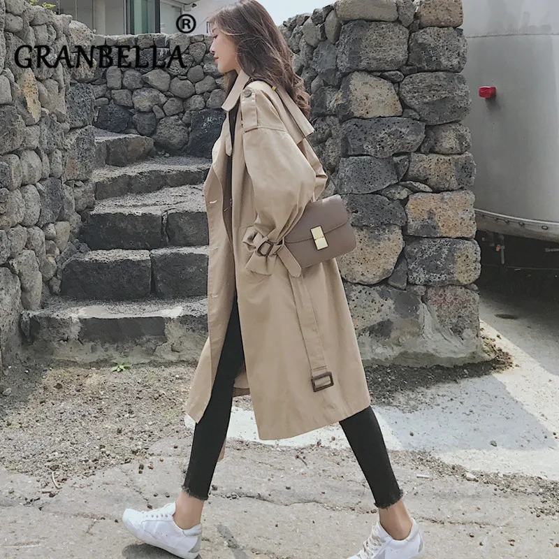 

2019 Solid Khaki Color Double Breasted Women's Trench Coat With Sashes Elegant Casual Long Sleeve Over-Knee Length Windbreaker