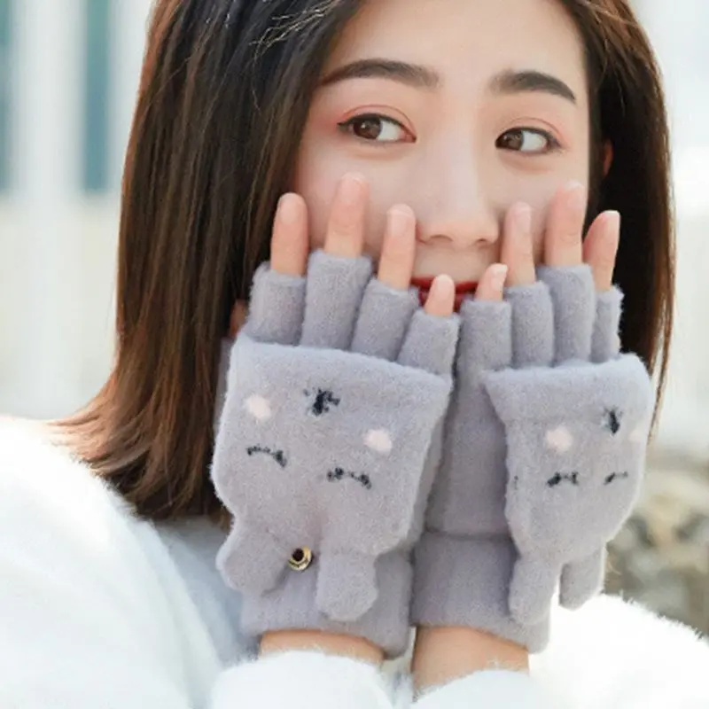 Женские зимние утепленные плюшевые перчатки с откидной крышкой и кроличьими ушками Cartoo