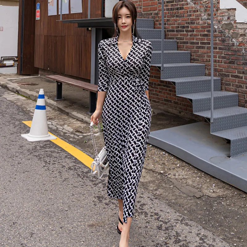 

Elegant vintage Women Geometric Pattern Long maxi party holiday Dress New Sexy V Neck Bowtie Sash High Split Casual Autumn