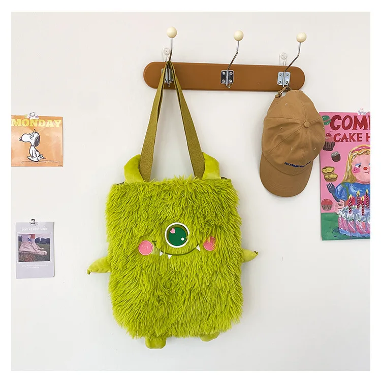 Women new Japanese cute funny plush handbag personality embroidery little monster plush girl student shoulder bag female bag