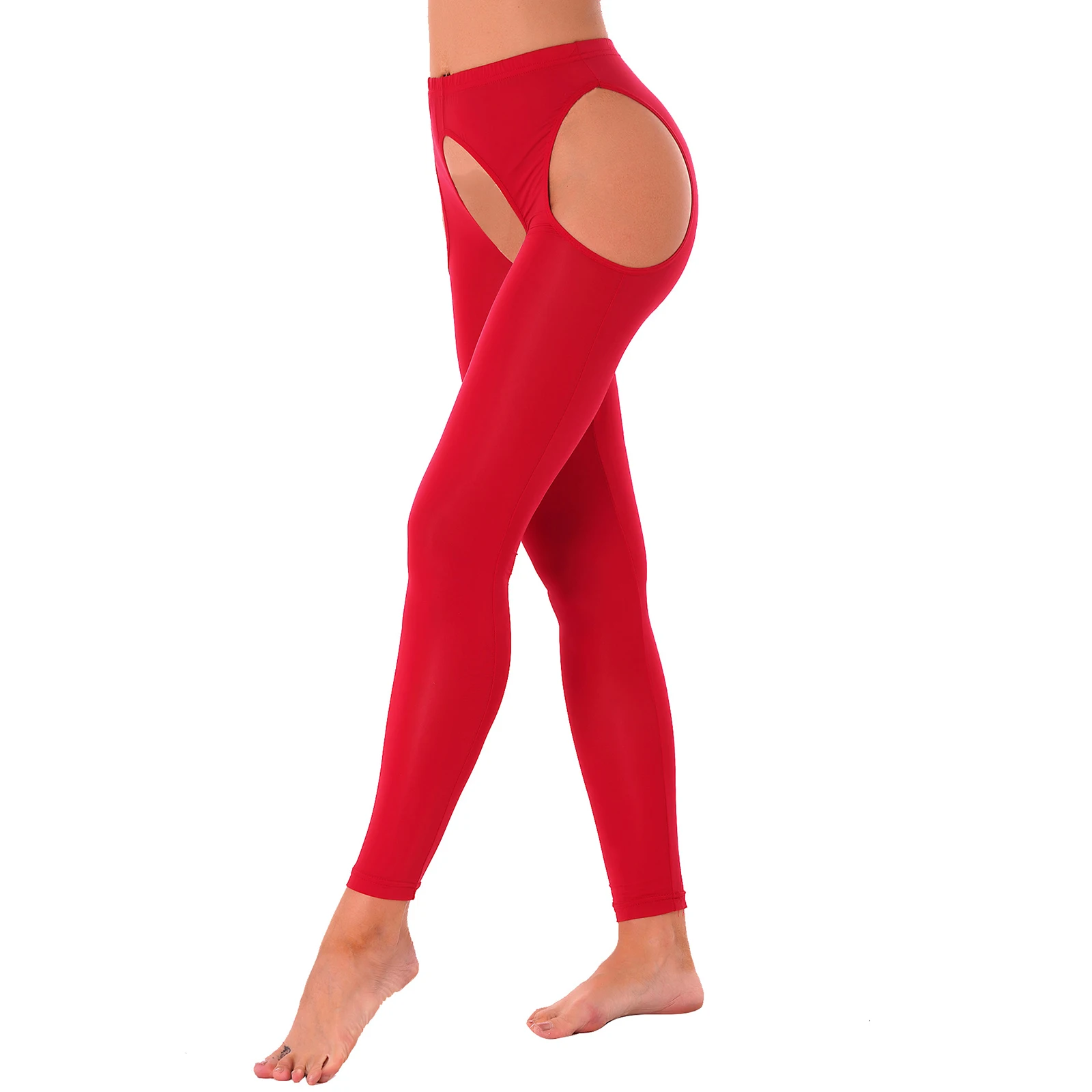 

Womens Erotic Lingerie Underwear Nightwear Sexy Crotchless Leggings Hollow Out Stretchy Glossy Elastic Waistband Skinny Pants