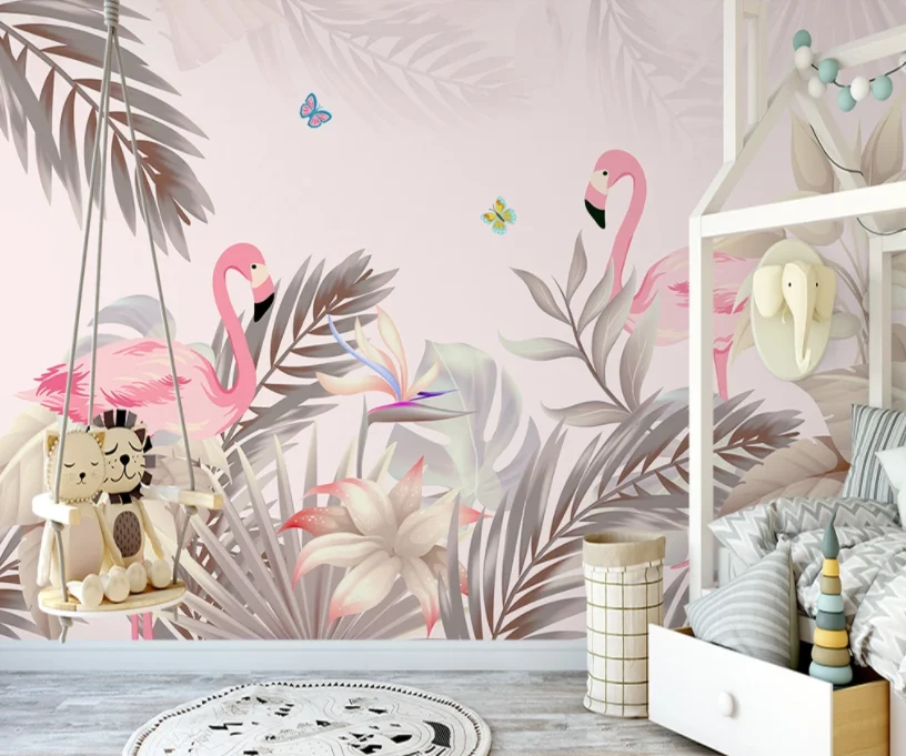 Фотообои Beibehang на заказ маленькие свежие тропические листья фламинго фон для