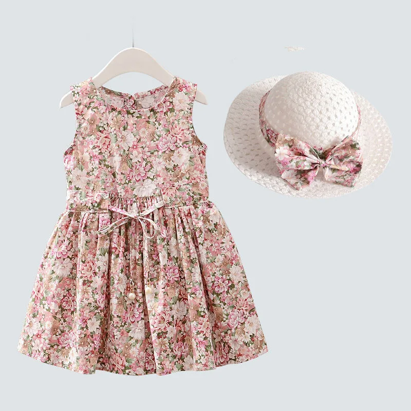 Детское Хлопковое платье без рукавов с цветочным принтом 2 шт./компл. шапочкой 2021 |