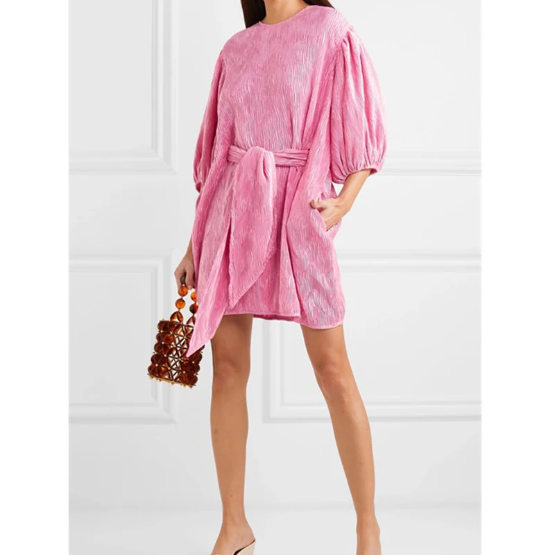 

Trendy pleated lace-up slim dress with belt pleated satin mini dress Leisure loose Lantern sleeve Sweet Pink dress