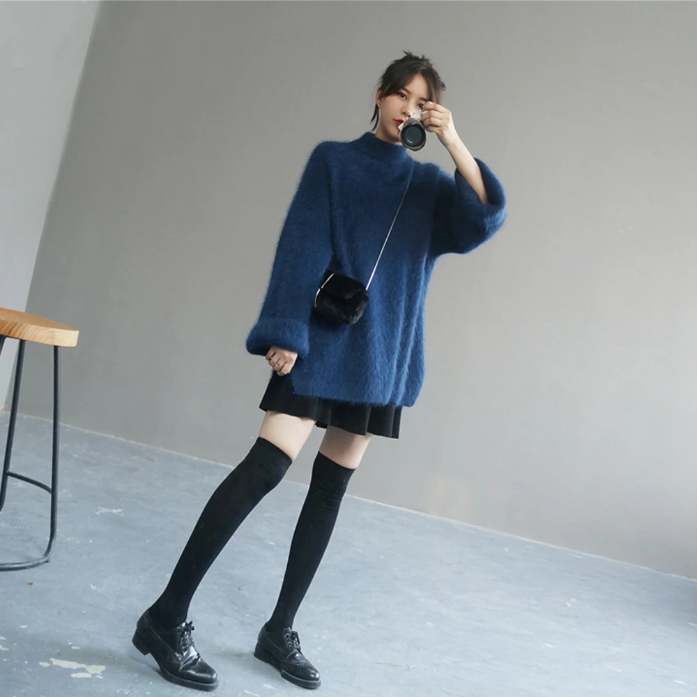 Women Angora Pullovers Denim Blue Sweater Autumn Winter Turtleneck Wool Knitted Long Sleeves Loose style For 2020 New tbsr786 | Женская