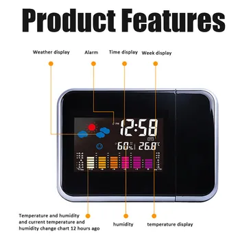 

Projection Alarm Clock With Weather Station Thermometer Date LED Digital Clock Multifunctional Home Alarm Clock USB Charge