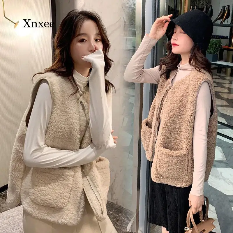 

Весенняя женская жилетка из ягненка, однотонная плюшевая женская утепленная безрукавка на молнии без рукавов, осенняя Свободная Повседневная безрукавка, женская одежда