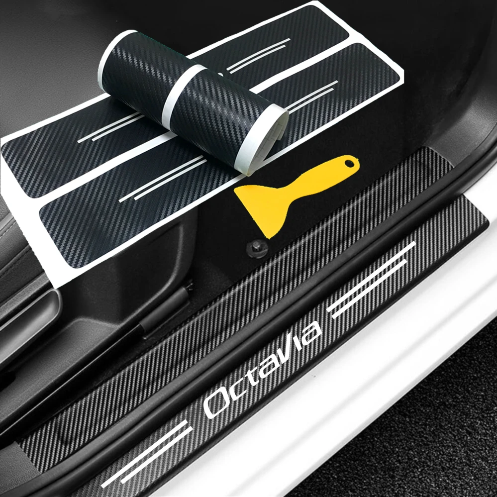 shanhua Can be Customized For SKODA FABIA Carbon Fiber Door Sill Protector Anti-kick Scratch Welcome Pedals Guards Threshold Sticker With Word FABIA Blue 4Pcs
