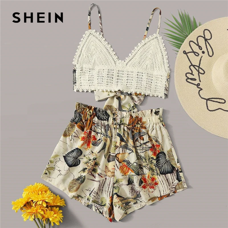 SHEIN Multicolor Tie Back Crochet Bralette Top and Paperbag Waist Shorts Set Summer Sleeveless Wide Leg Women Boho Two Piece Set SHEIN Multicolor Tie Back Crochet Bralette Top and Paperbag Waist Shorts Set Summer Sleeveless Wide Leg Women Boho Two Piece Set