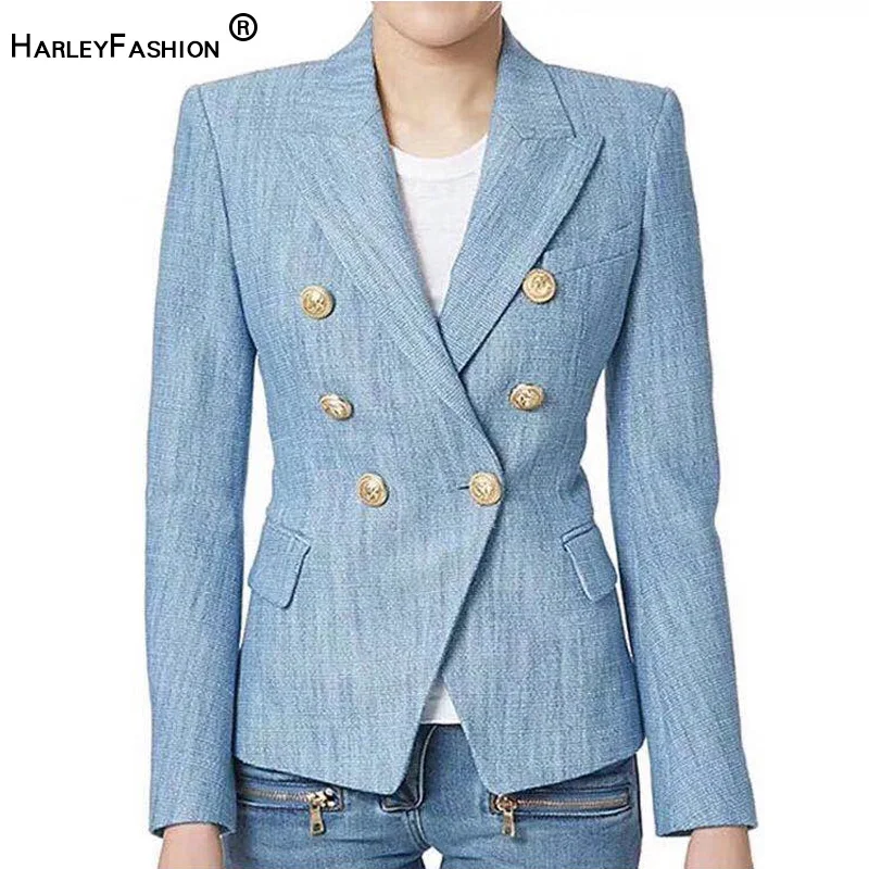 HarleyFashion Европейский женский элегантный светильник, синий блейзер с металлическими пуговицами, повседневный тонкий пиджак, верхняя одежда, блейзеры