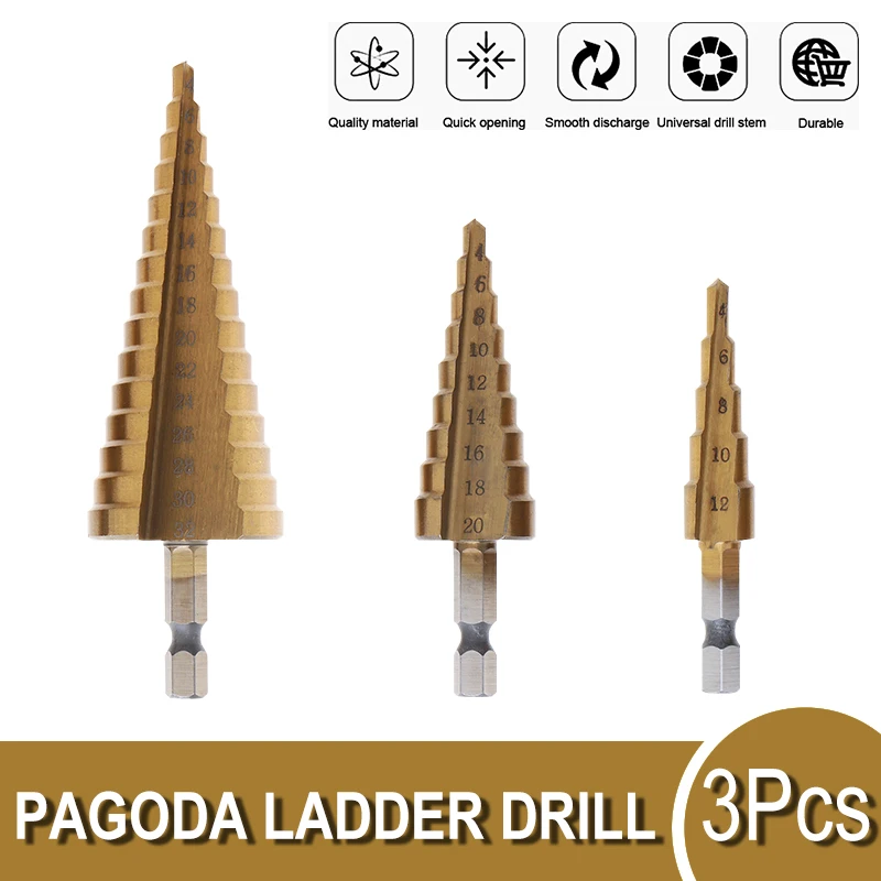 Hss Titanium Step Drill Bit 3-12/4-12/4-20/4-22/4-32 mm Step Cone Cutting Tools Wood Metal Hole Cutter Core Drill Bit Set 1/3pcs 3pcs hex shank cone drill countersink drill bit set woodworking hss titanium stepp drill wood tools hexagonal hex can hand drill