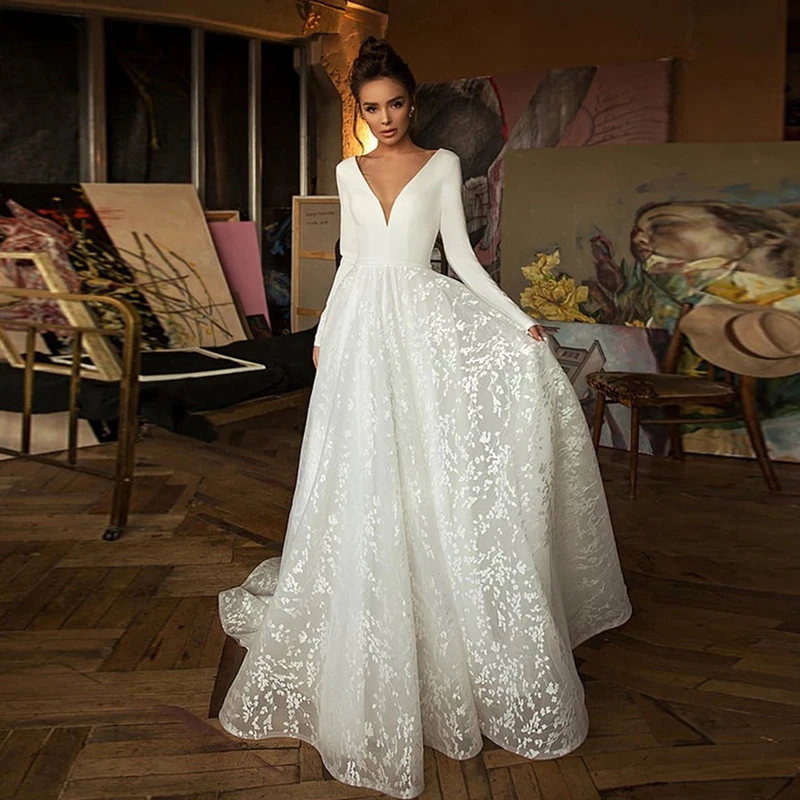 Elegant A-Line Long Sleeve Wedding Dresses 2021 O-Neck Lace Appliques Sexy Backless Tulle Floor Length White Bridal Gown short wedding dresses