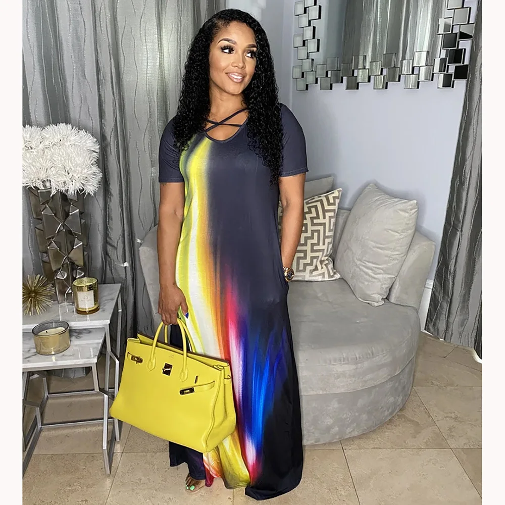 PLSW Summer Femae Side Pocket Design Casual Style Gradient Color Print Long Dresses Women Sexy Lace Up Hollow Floor Length Dress | Женская