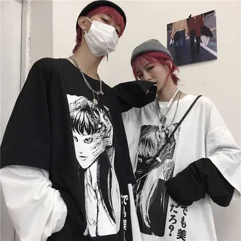 

Harajuku T-shirt Women Fake 2 Pieces Print Japanese Fujiang Horror Comics Long Sleeve Shirt Women Vetement Femme 2020