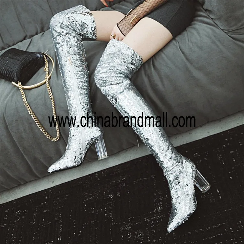 

Bling Glitter Leather Knee High Boots Fashion Sequined Cloth Long Boot Female Glitter Ladies Thick Heel Shoe Woman Runway Shoes
