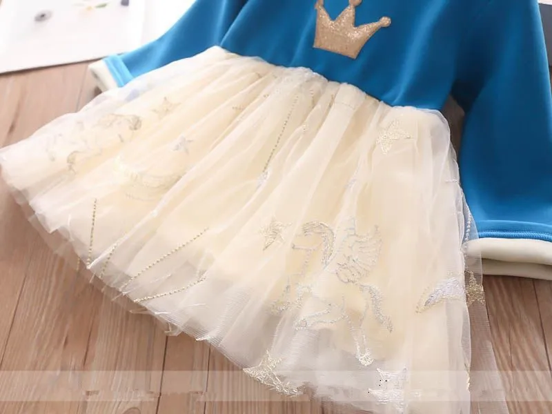 Child Kids Crown Fleece Lining Patchwork Tulle Clothing Blue Black Color Princess Western Party Tutu Lovely Girls Dresses